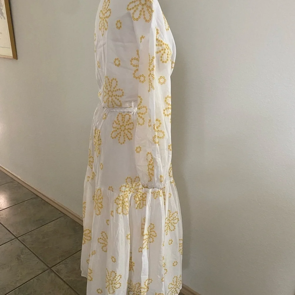 Alexis White Yellow Cottage Core Embroidered Eyelet Midi‎ Dress Women's Large - Picture 6 of 13